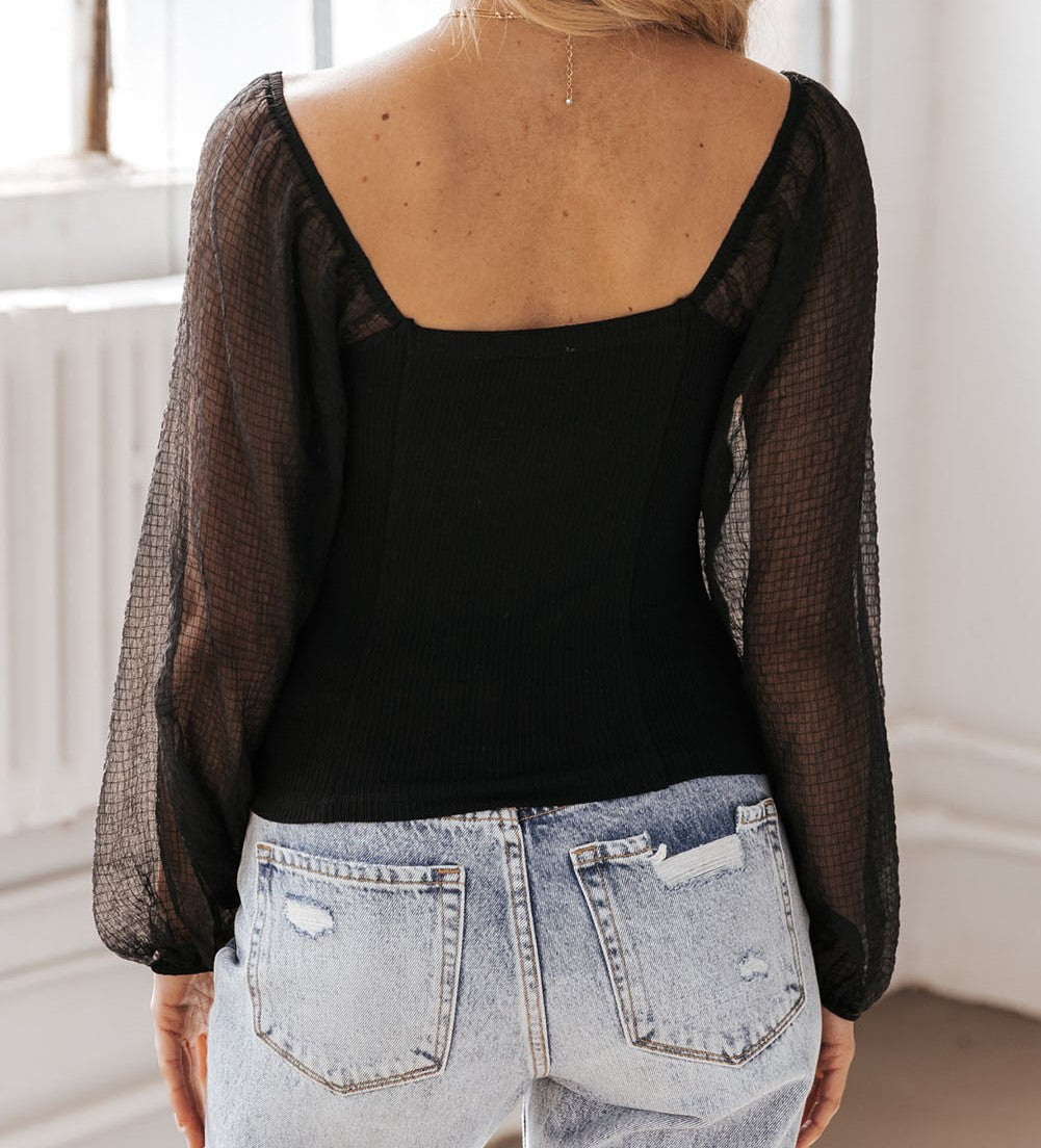 Lover-Sheer Bubble Sleeve Ribbed Knit Top